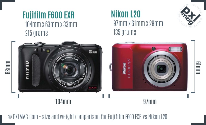 Fujifilm F600 EXR vs Nikon L20 size comparison