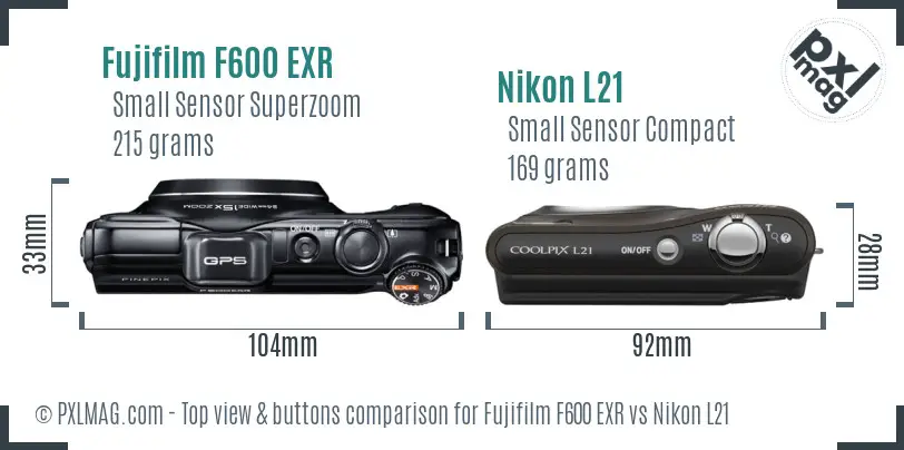 Fujifilm F600 EXR vs Nikon L21 top view buttons comparison