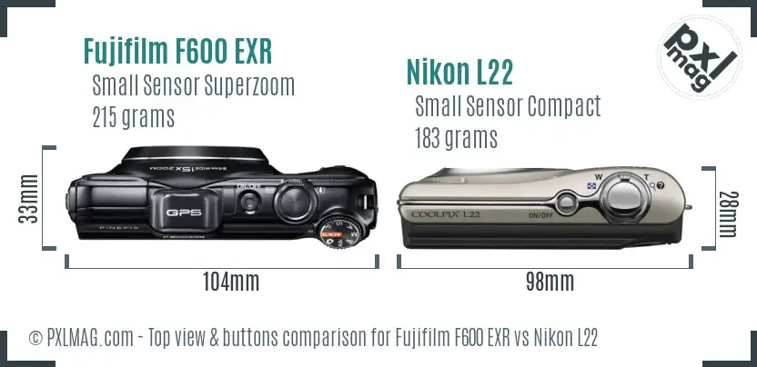 Fujifilm F600 EXR vs Nikon L22 top view buttons comparison Fujifilm F600 EXR vs Nikon L22 top view buttons comparison