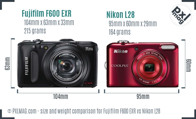 Fujifilm F600 EXR vs Nikon L28 size comparison