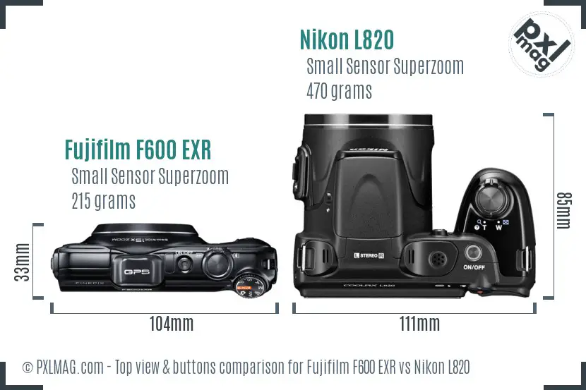 Fujifilm F600 EXR vs Nikon L820 top view buttons comparison Fujifilm F600 EXR vs Nikon L820 top view buttons comparison