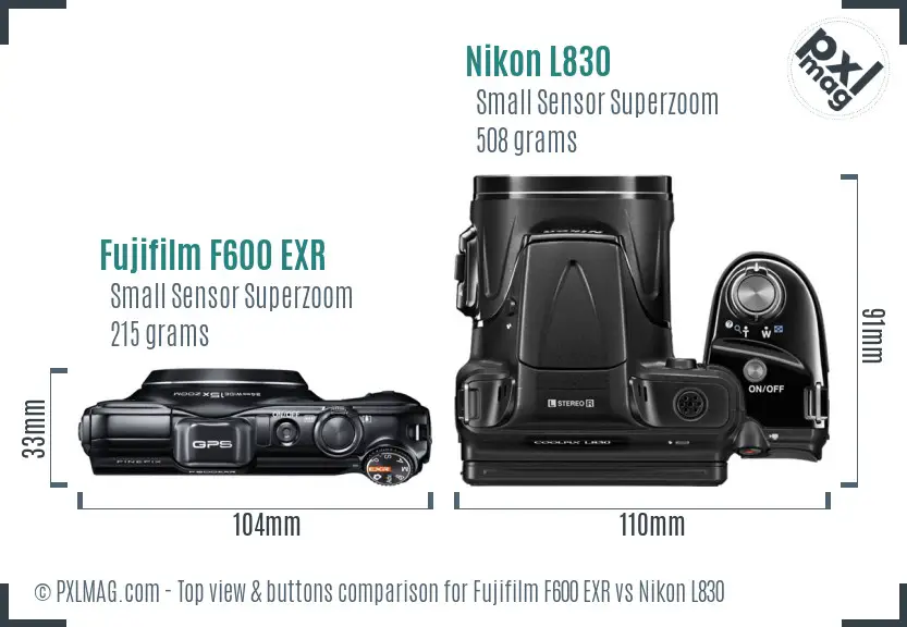 Fujifilm F600 EXR vs Nikon L830 top view buttons comparison Fujifilm F600 EXR vs Nikon L830 top view buttons comparison