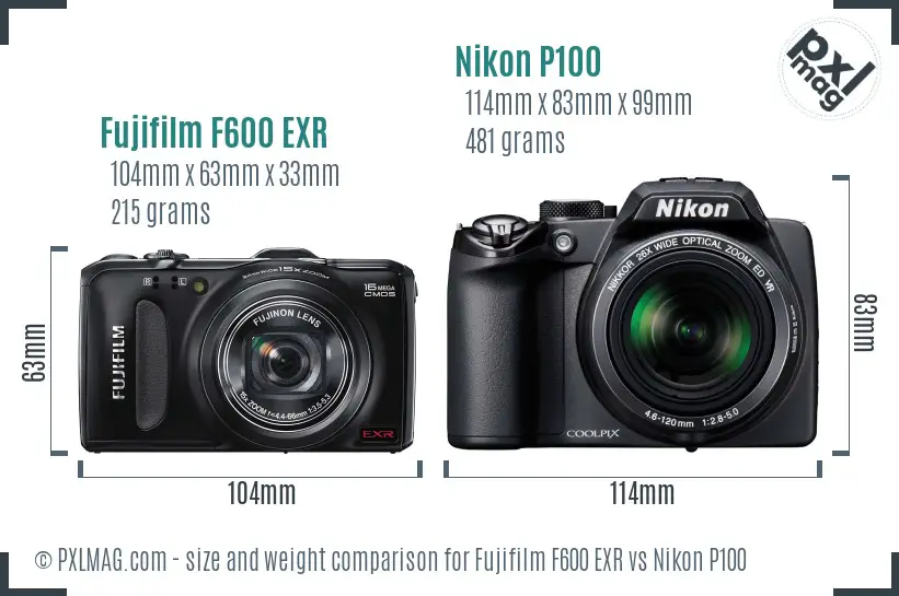 Fujifilm F600 EXR vs Nikon P100 size comparison