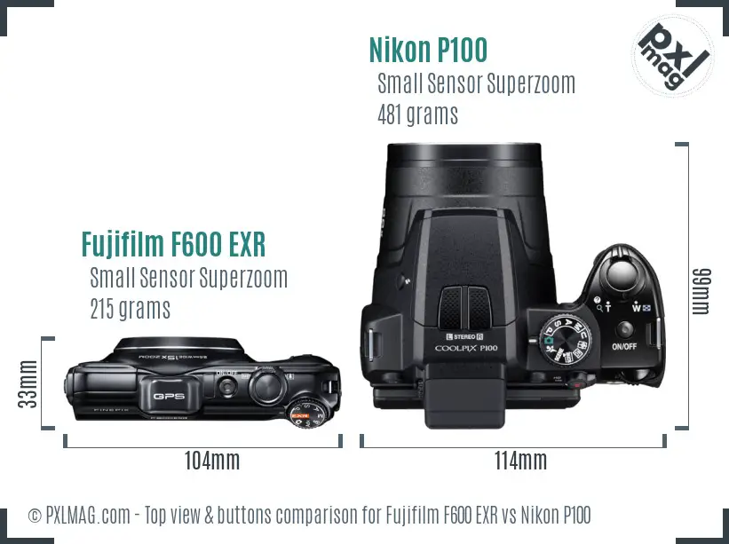 Fujifilm F600 EXR vs Nikon P100 top view buttons comparison