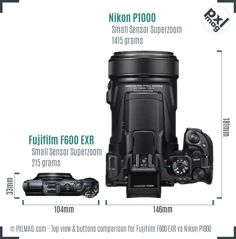 Fujifilm F600 EXR vs Nikon P1000 top view buttons comparison