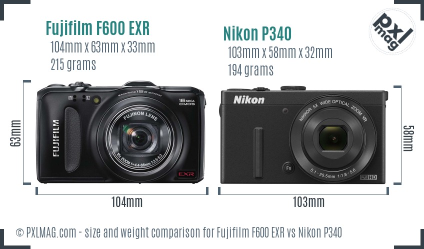 Fujifilm F600 EXR vs Nikon P340 size comparison