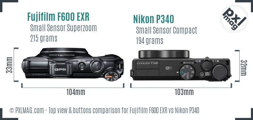 Fujifilm F600 EXR vs Nikon P340 top view buttons comparison