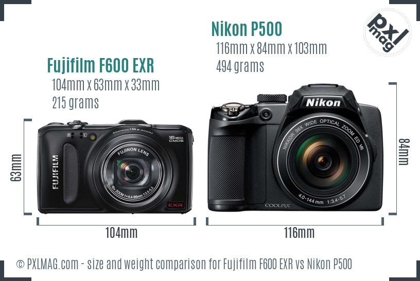 Fujifilm F600 EXR vs Nikon P500 size comparison Fujifilm F600 EXR vs Nikon P500 size comparison