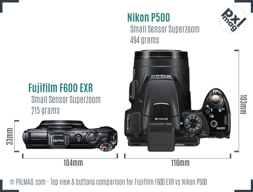 Fujifilm F600 EXR vs Nikon P500 top view buttons comparison