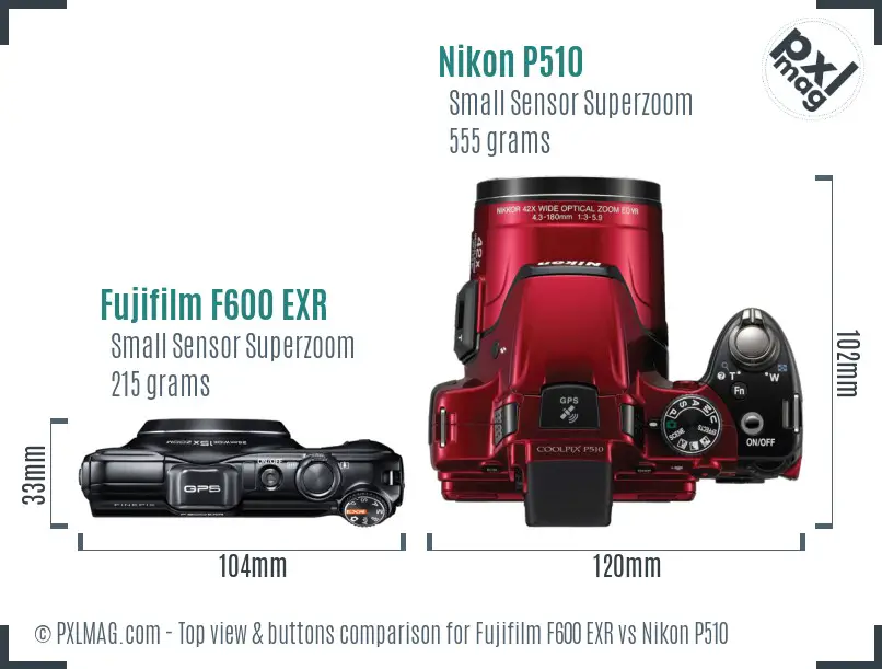 Fujifilm F600 EXR vs Nikon P510 top view buttons comparison
