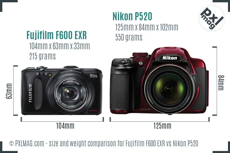 Fujifilm F600 EXR vs Nikon P520 size comparison