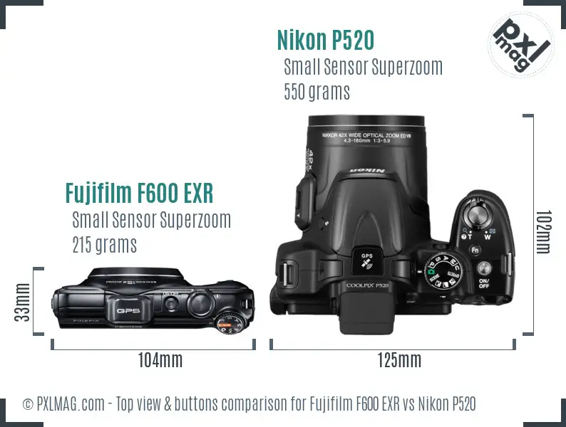 Fujifilm F600 EXR vs Nikon P520 top view buttons comparison
