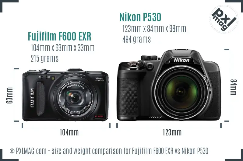 Fujifilm F600 EXR vs Nikon P530 size comparison