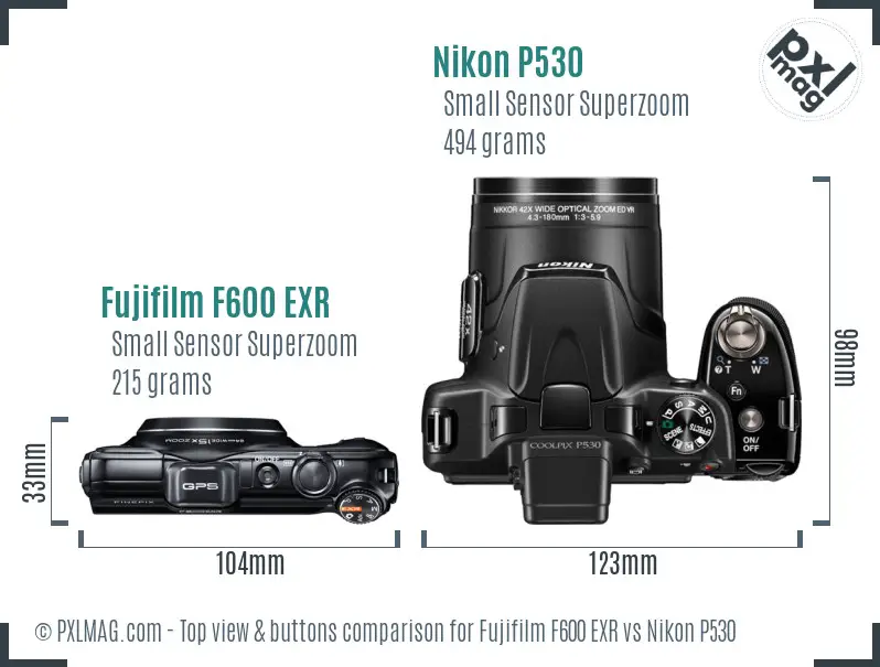 Fujifilm F600 EXR vs Nikon P530 top view buttons comparison