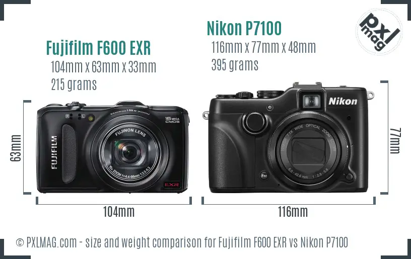 Fujifilm F600 EXR vs Nikon P7100 size comparison
