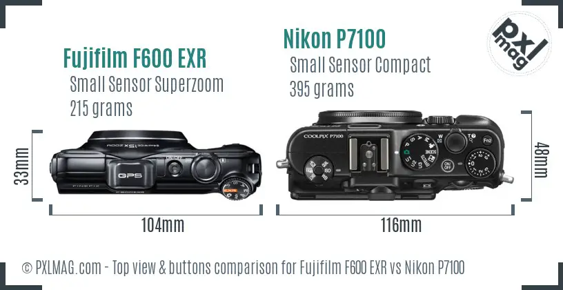 Fujifilm F600 EXR vs Nikon P7100 top view buttons comparison