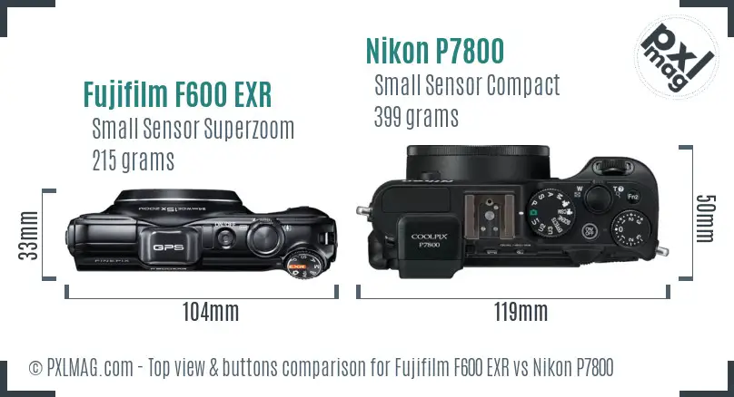Fujifilm F600 EXR vs Nikon P7800 top view buttons comparison Fujifilm F600 EXR vs Nikon P7800 top view buttons comparison