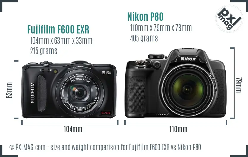 Fujifilm F600 EXR vs Nikon P80 size comparison