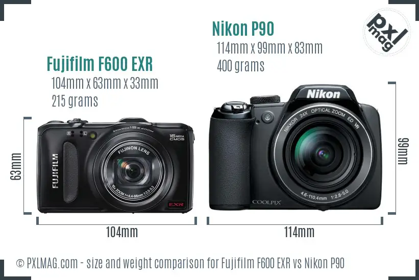 Fujifilm F600 EXR vs Nikon P90 size comparison