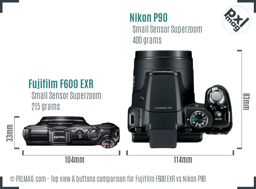 Fujifilm F600 EXR vs Nikon P90 top view buttons comparison