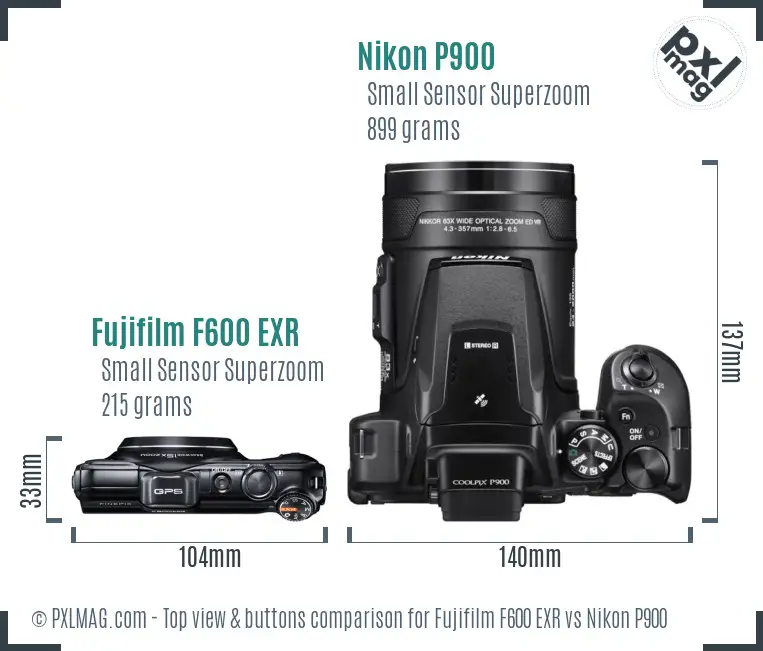 Fujifilm F600 EXR vs Nikon P900 top view buttons comparison Fujifilm F600 EXR vs Nikon P900 top view buttons comparison
