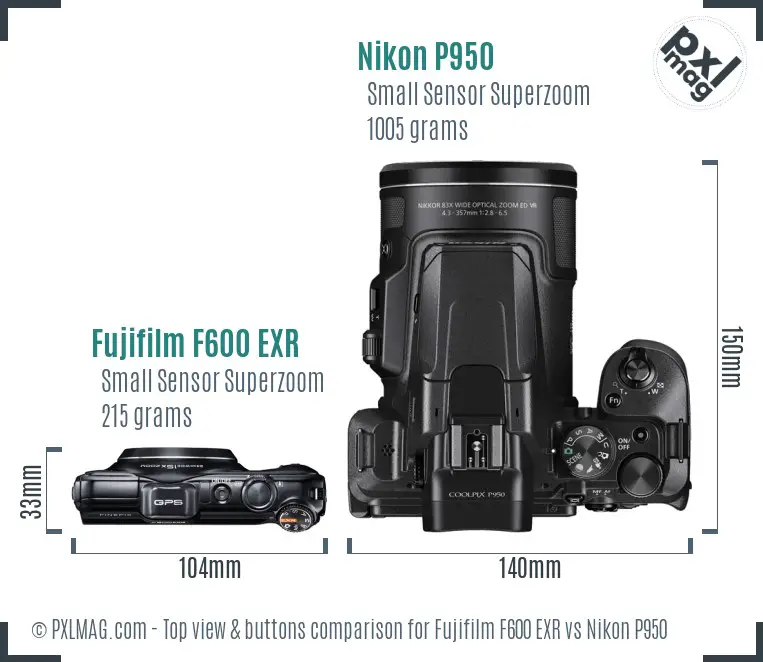 Fujifilm F600 EXR vs Nikon P950 top view buttons comparison