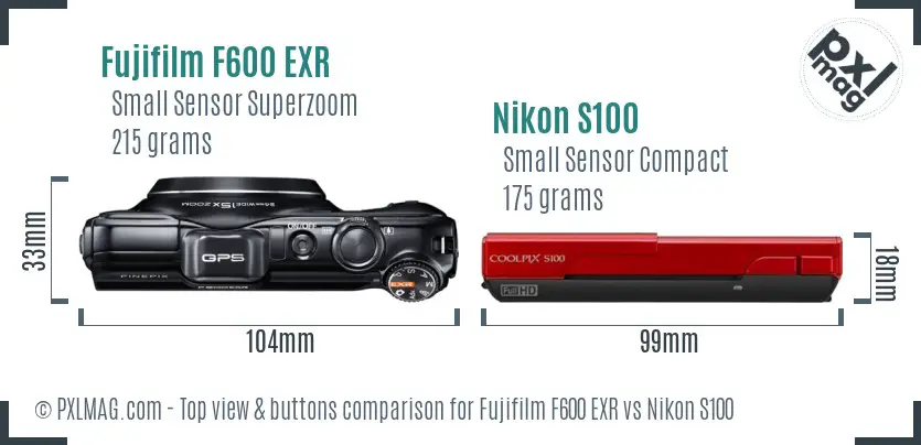 Fujifilm F600 EXR vs Nikon S100 top view buttons comparison