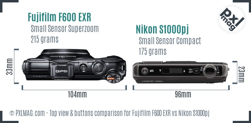 Fujifilm F600 EXR vs Nikon S1000pj top view buttons comparison