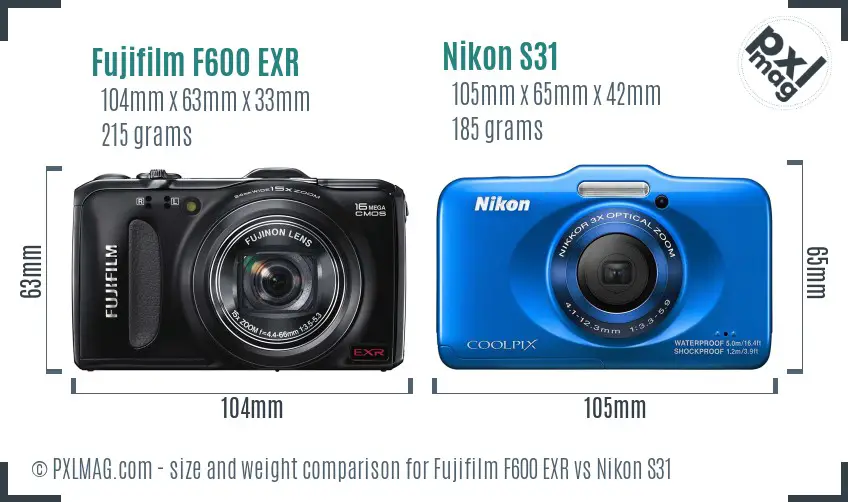 Fujifilm F600 EXR vs Nikon S31 size comparison