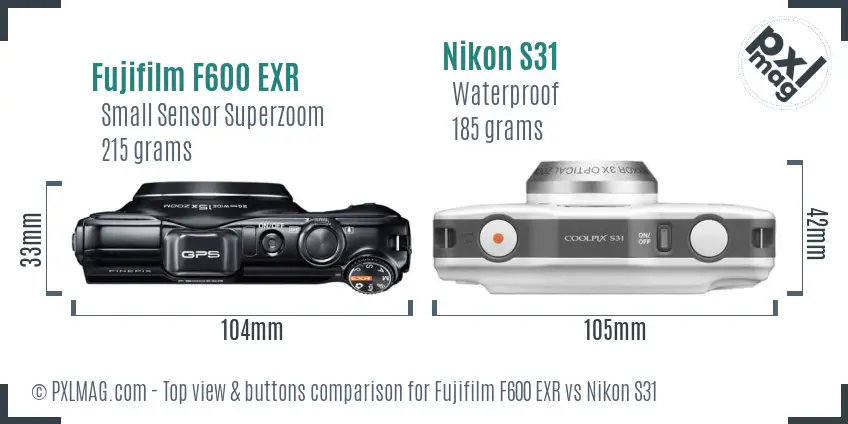 Fujifilm F600 EXR vs Nikon S31 top view buttons comparison