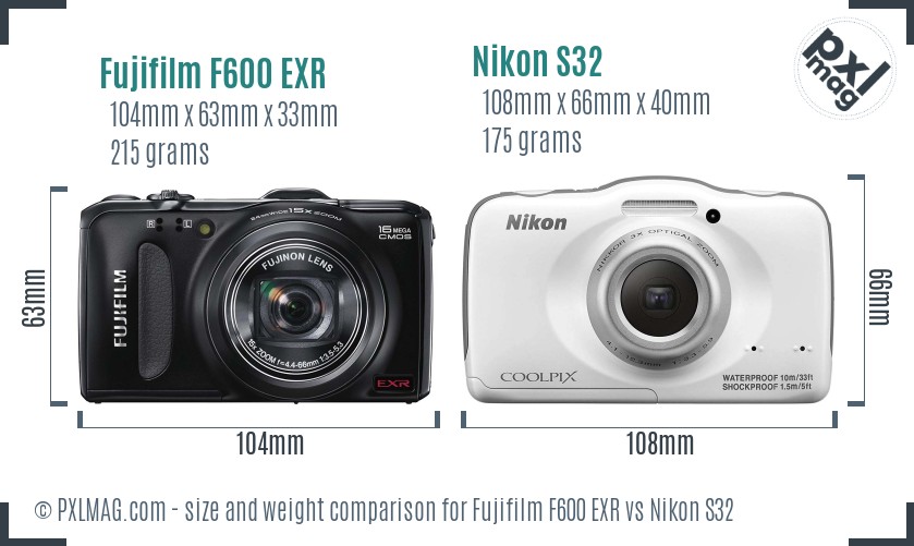 Fujifilm F600 EXR vs Nikon S32 size comparison