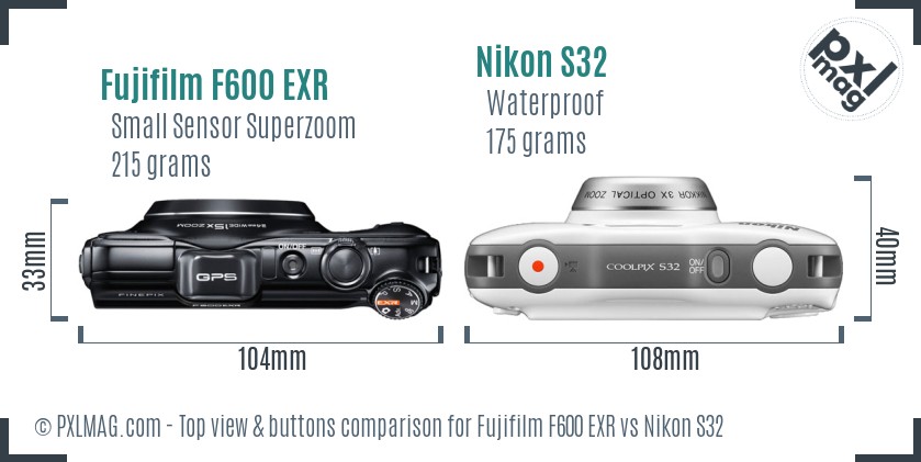 Fujifilm F600 EXR vs Nikon S32 top view buttons comparison