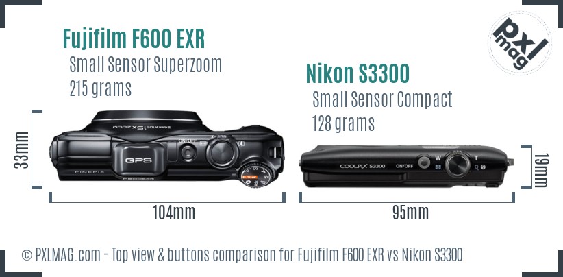 Fujifilm F600 EXR vs Nikon S3300 top view buttons comparison