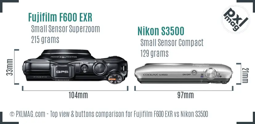 Fujifilm F600 EXR vs Nikon S3500 top view buttons comparison