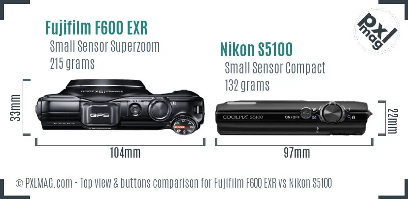 Fujifilm F600 EXR vs Nikon S5100 top view buttons comparison