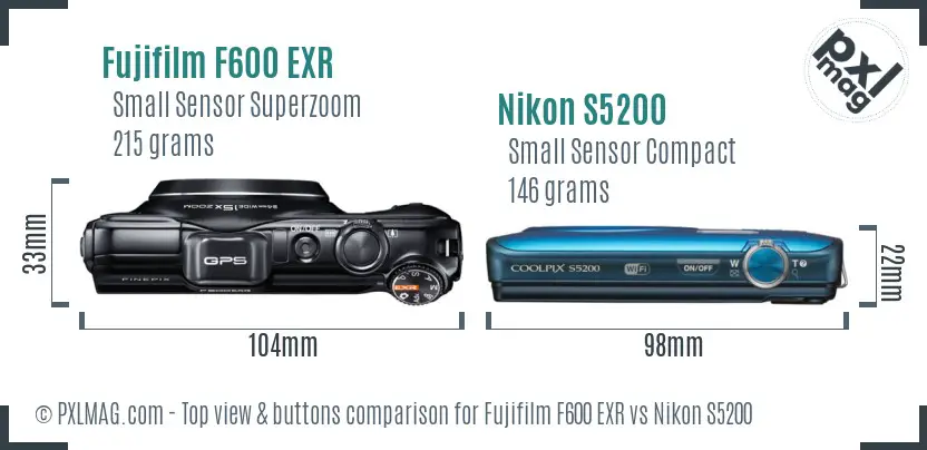 Fujifilm F600 EXR vs Nikon S5200 top view buttons comparison
