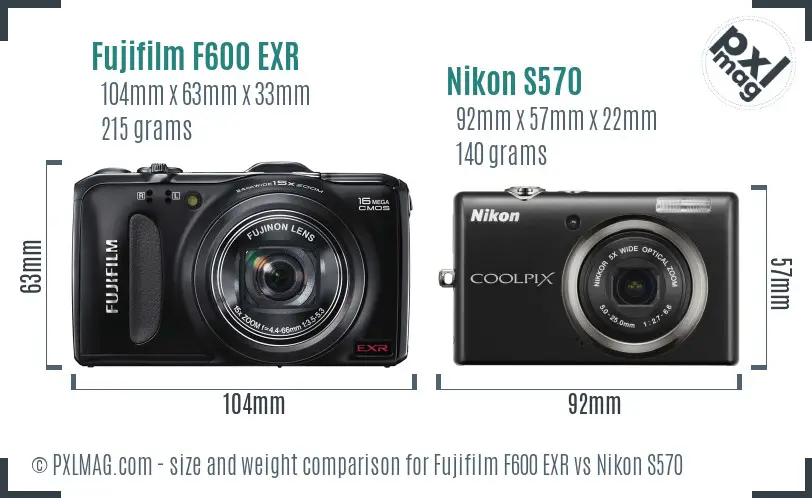 Fujifilm F600 EXR vs Nikon S570 size comparison