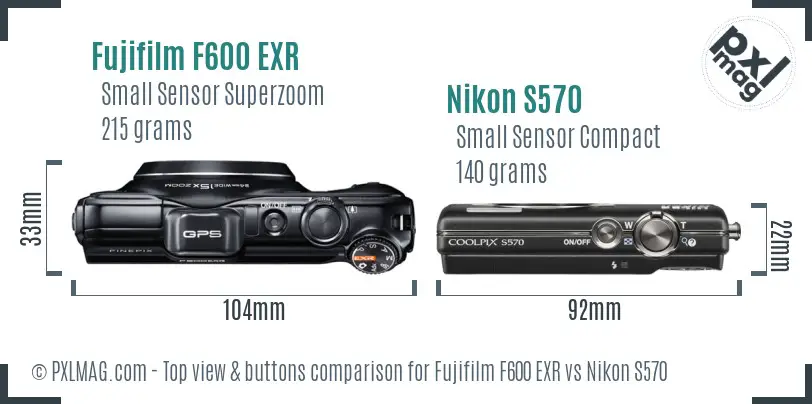 Fujifilm F600 EXR vs Nikon S570 top view buttons comparison