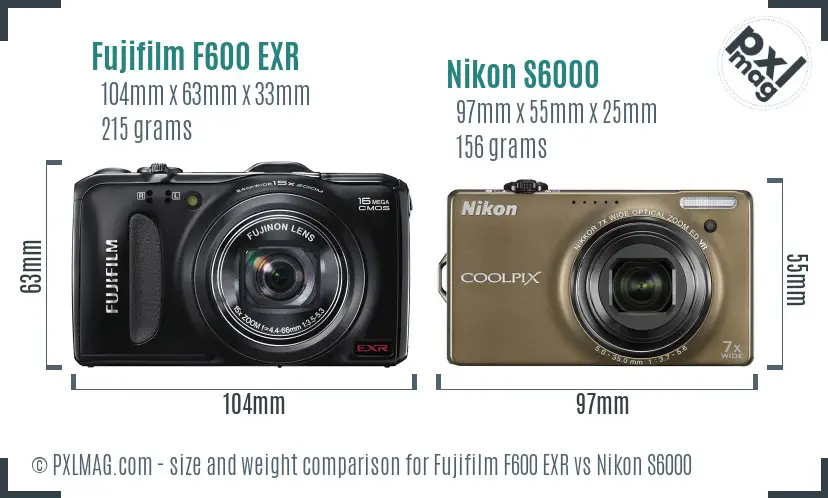 Fujifilm F600 EXR vs Nikon S6000 size comparison