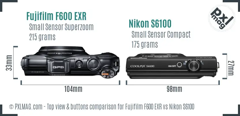 Fujifilm F600 EXR vs Nikon S6100 top view buttons comparison