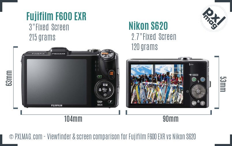 Fujifilm F600 EXR vs Nikon S620 Screen and Viewfinder comparison