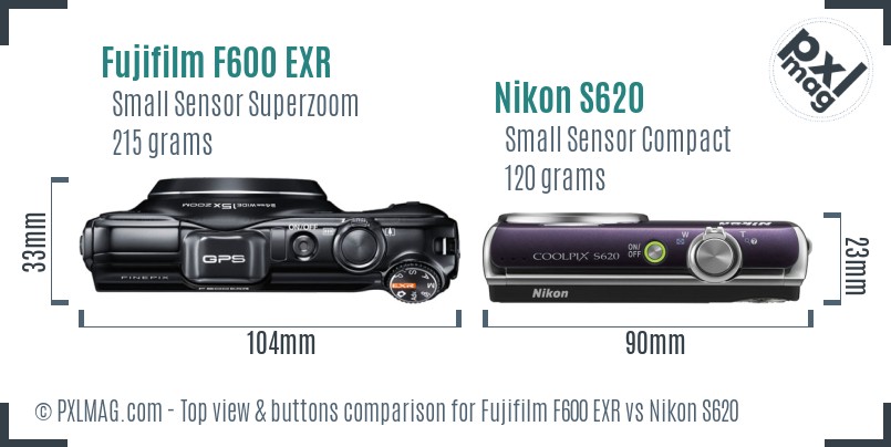 Fujifilm F600 EXR vs Nikon S620 top view buttons comparison