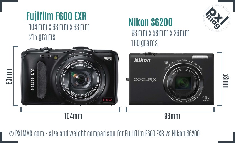 Fujifilm F600 EXR vs Nikon S6200 size comparison