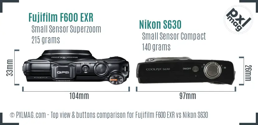 Fujifilm F600 EXR vs Nikon S630 top view buttons comparison Fujifilm F600 EXR vs Nikon S630 top view buttons comparison