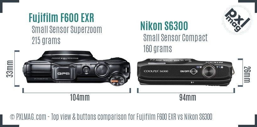 Fujifilm F600 EXR vs Nikon S6300 top view buttons comparison
