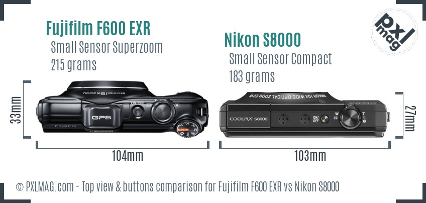 Fujifilm F600 EXR vs Nikon S8000 top view buttons comparison