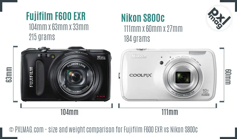 Fujifilm F600 EXR vs Nikon S800c size comparison