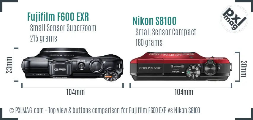 Fujifilm F600 EXR vs Nikon S8100 top view buttons comparison