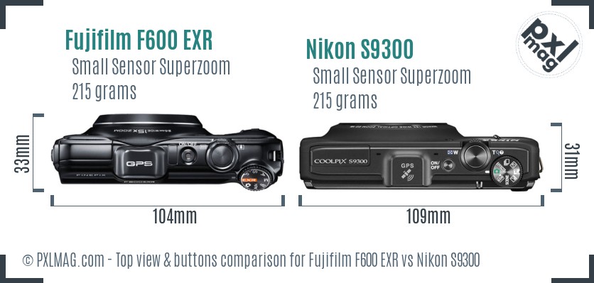 Fujifilm F600 EXR vs Nikon S9300 top view buttons comparison