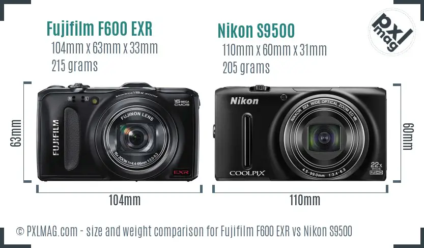 Fujifilm F600 EXR vs Nikon S9500 size comparison